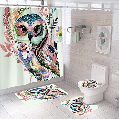 Owl Printed Shower Curtain Non Slip Toilet Polyester Cover Mat Set for Bathroom 