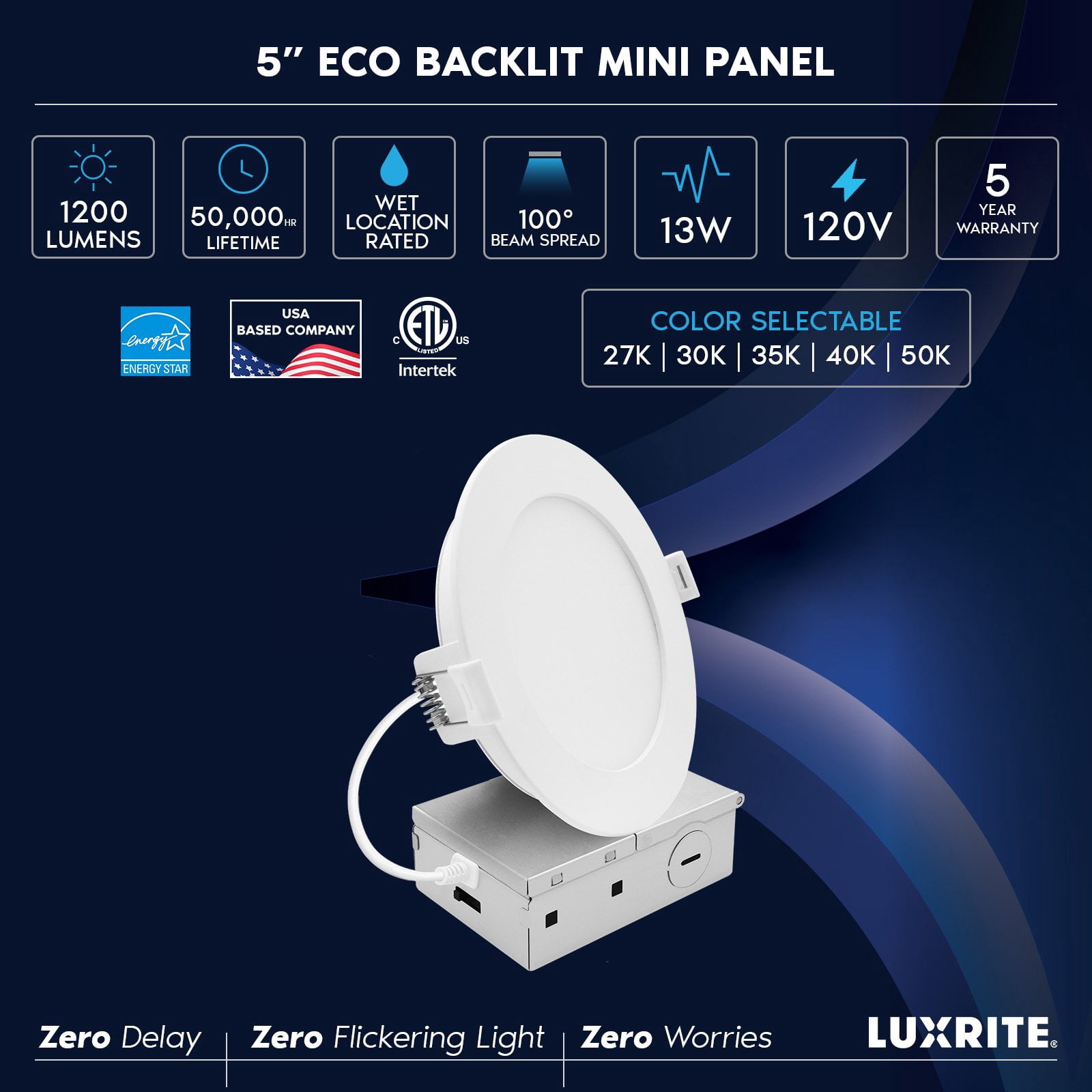 LUXRITE 5 In. LED ECO Backlit Mini Panel Light, 5CCT 2700K-5000K, 1200LM, 13W, 100 Beam Dimmable ETL & Wet Rated 4 Pack