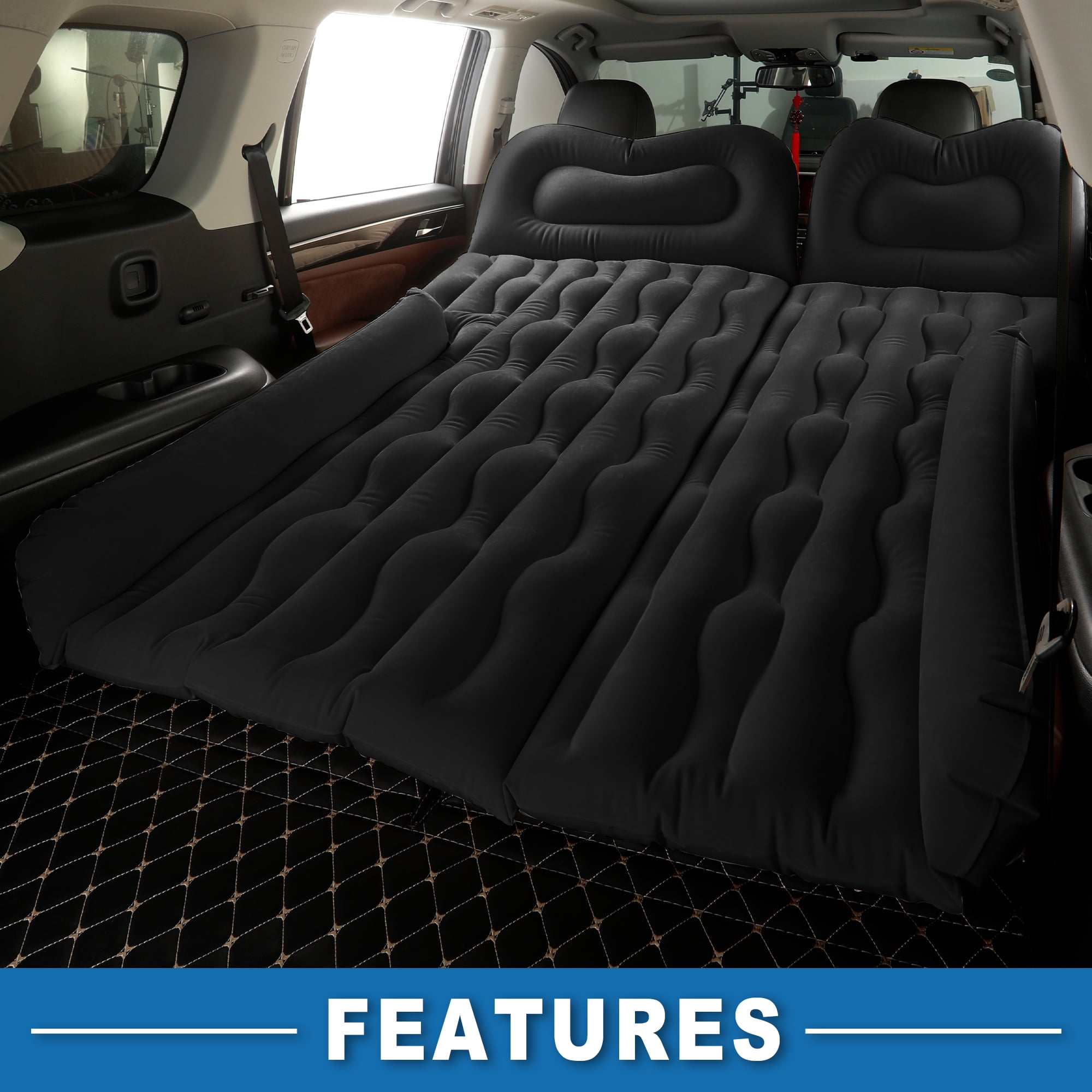 Unique Bargains 1 Set Car Air Mattress Camping Bed Air Bed Mat Sleeping Mat with Air Pump for Car Travel Camping Black