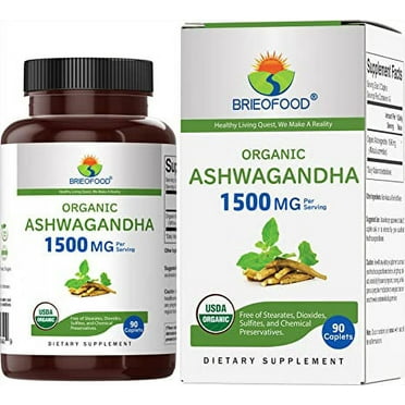 Brieofood Organic Ashwagandha 1500mg, 45 Servings, Vegetarian, Gluten Free, 90 Vegetarian Tablets