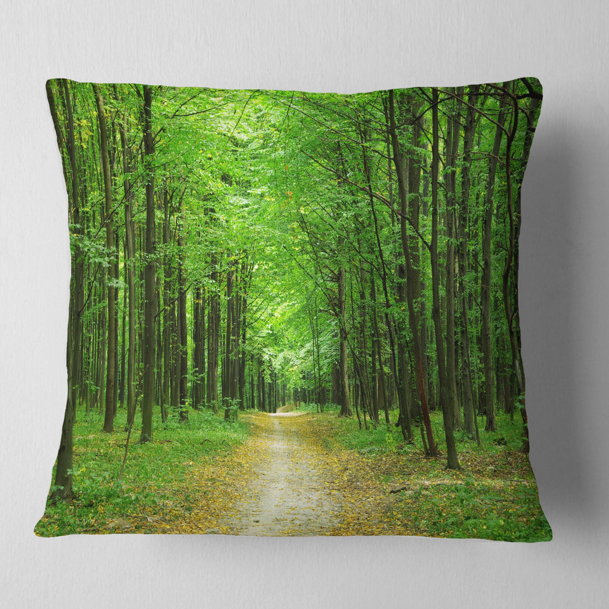 Designart Pathway in Green Forest - Landscape Photography Throw Pillow - 16x16