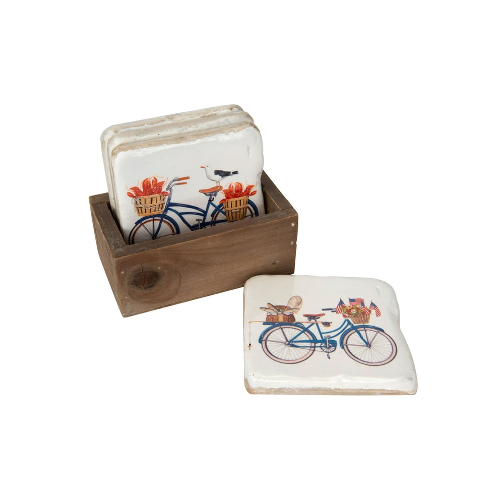 Creative CoOp 4 Resin Bike Coasters in Wood Holder (Set of 5 Pieces