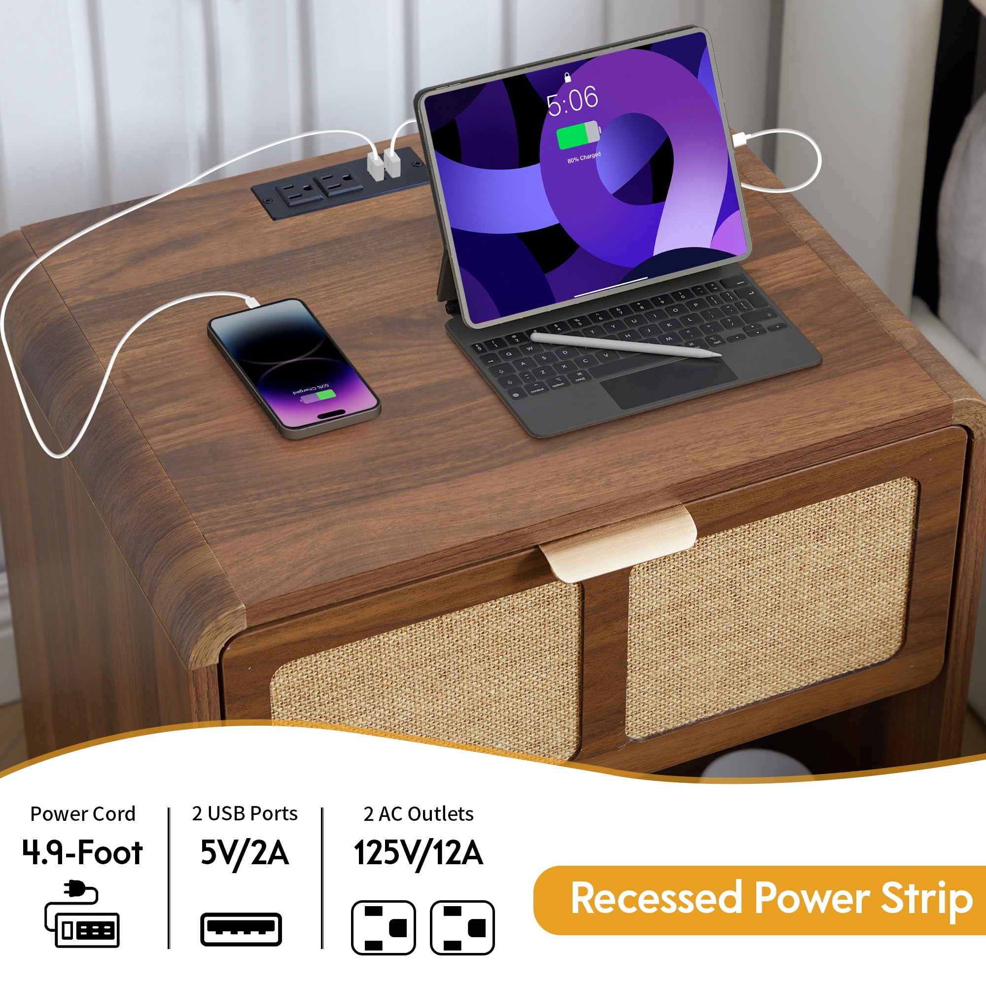 YOCWO Nightstand with Charging Station for Bedroom, Linen Bedside Table with Drawers, Walnut