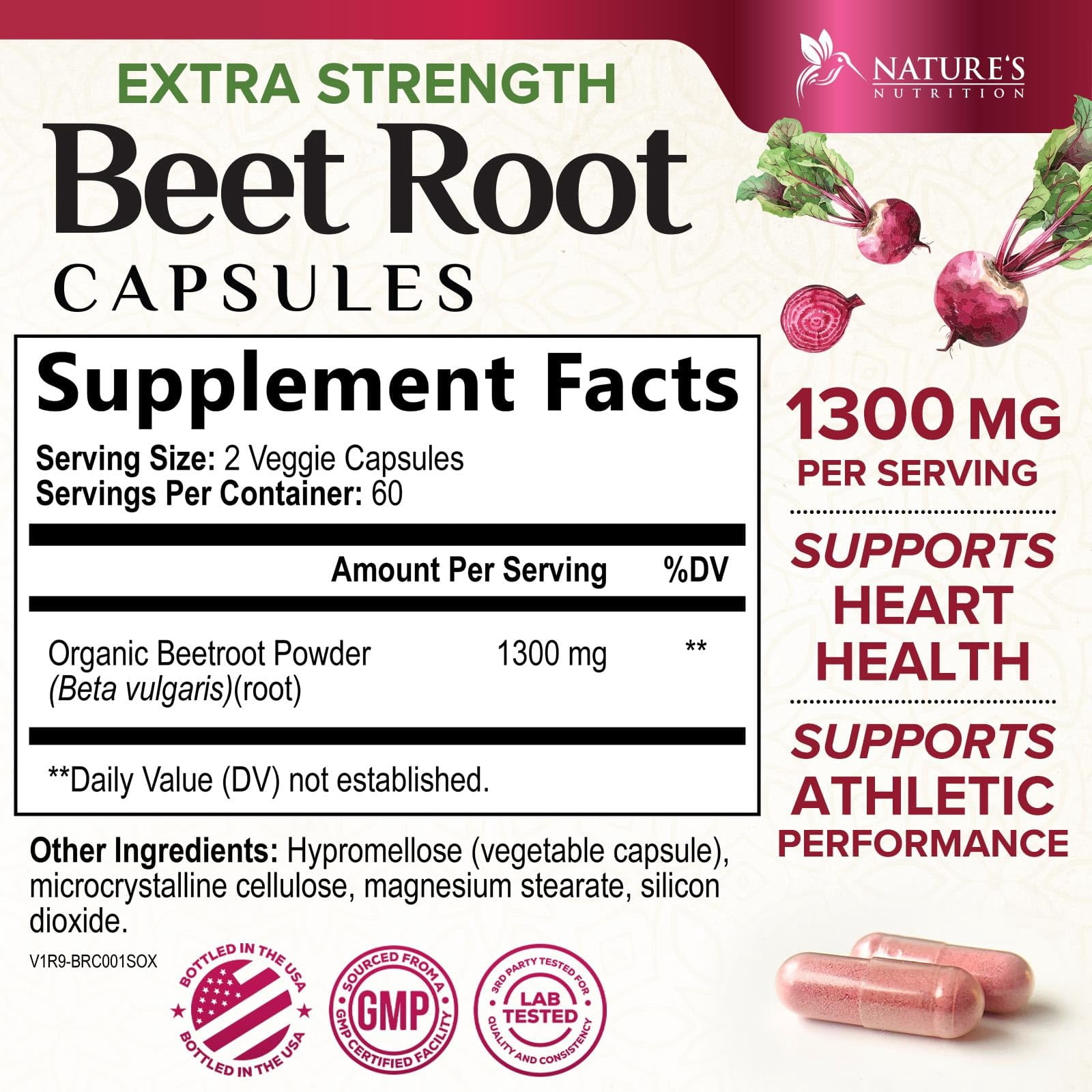Organic Beet Root Capsules - 1300mg Extra Strength Beetroot Powder Supplement - Supports Nitric Oxide Production, Heart Health & Natural Energy - For Men & Women - Bottled in USA, 120 Veggie Capsules
