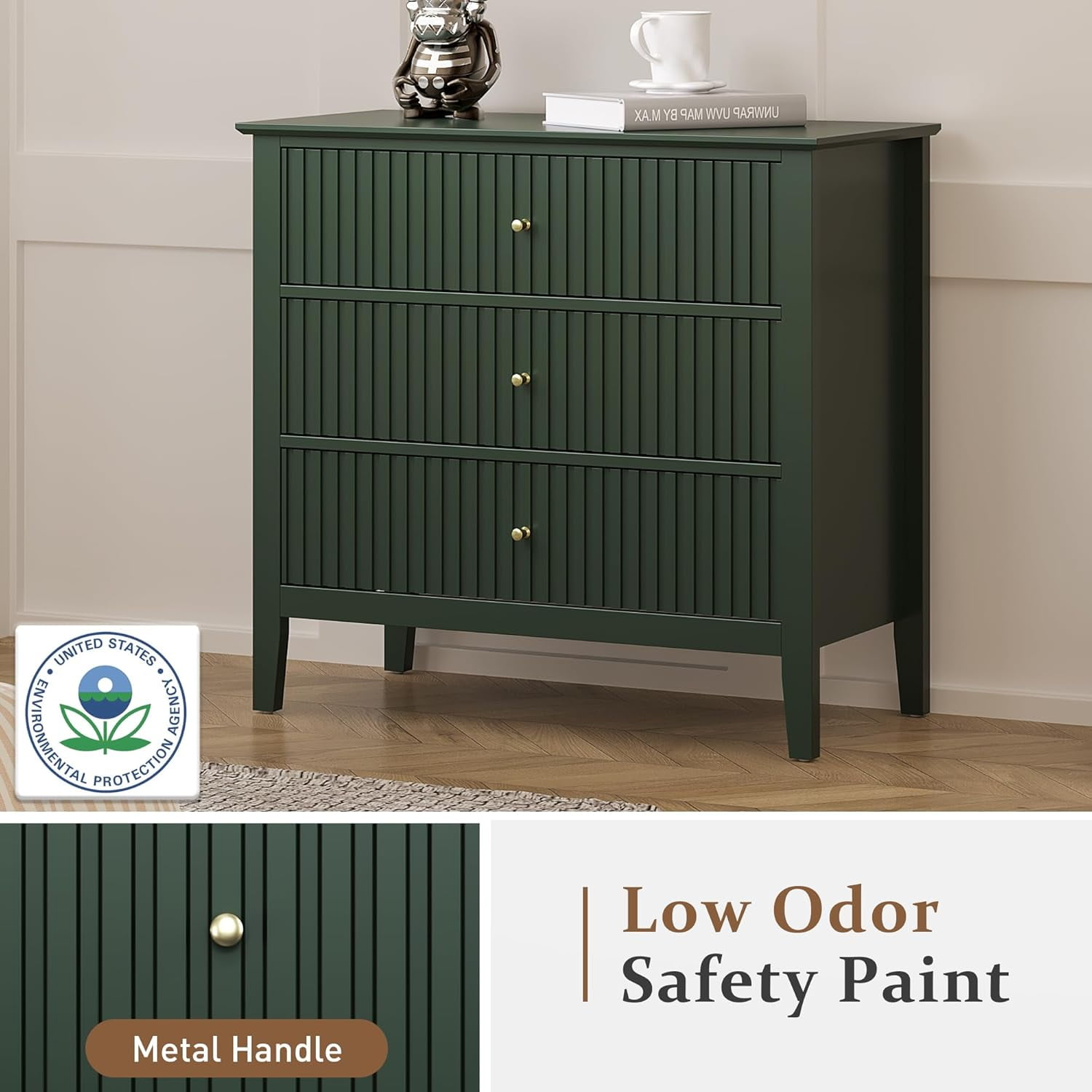 Mayincolor Fluted 3-Drawer Dresser Set of 2, Green Wood Chest for Bedroom & Living Room