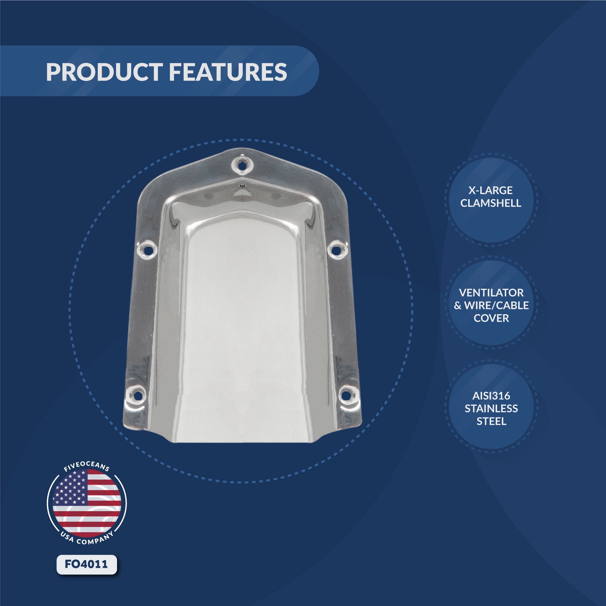 Five Oceans 316 Stainless Steel Marine Clamshell Vent Cover, Base 6-Inch L x 4-1/2-Inch W - FO4011
