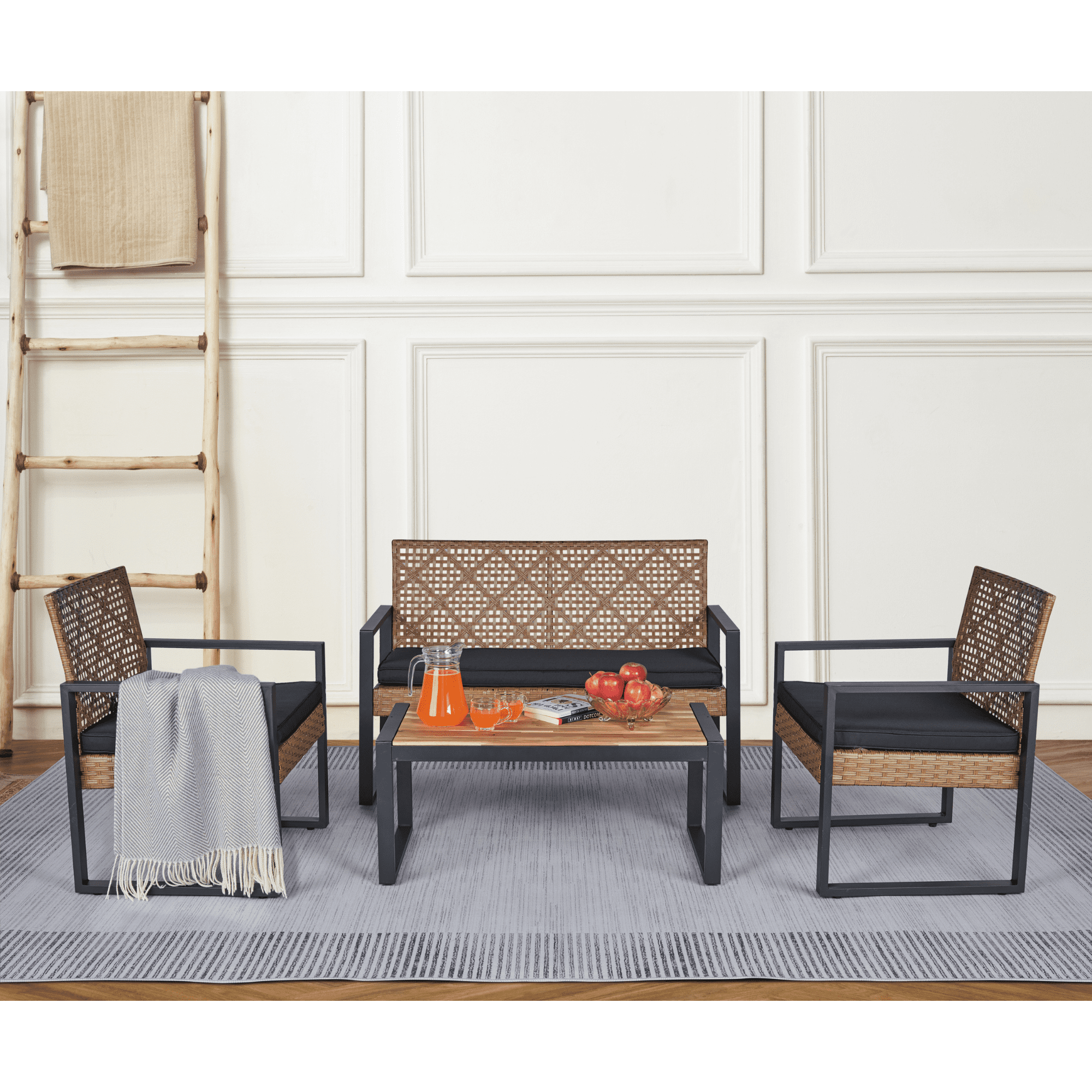 Aimee Lii 4-Piece Patio Furniture Set for Outdoor Balcony Porch Garden Backyard Lawn, Acacia Wood Table Top, Black Cushion Aimee Lii 4-Piece Patio Furniture Set for Outdoor Balcony Porch Garden Backyard Lawn, Acacia Wood Table Top, Black Cushion