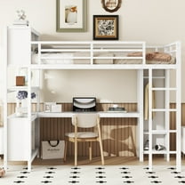 Full Size Metal Loft Bed with Wardrobe & L-Shaped Desk, Storage Cubes & Shelves, Heavy Duty Loft Bed for Teens, Adults, White