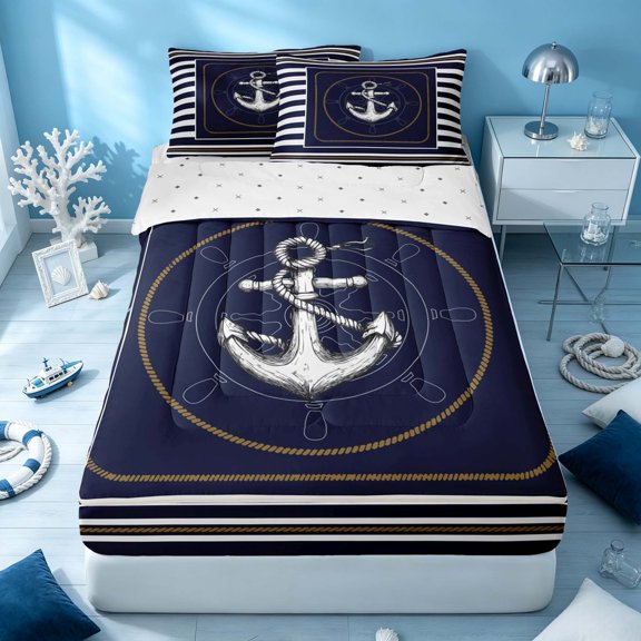 Erosebridal Marine Anchor Zipper Twin Comforter Sets with Fitted Sheet and 2 Pillowcases, Coastal Stripe Zipper Bedding Set, Reversible