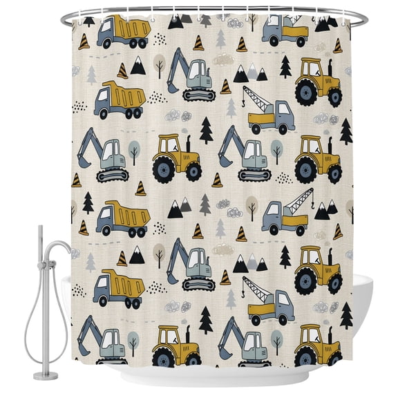Extra Long Shower Curtain 72x84 Inch, Cartoon Truck Shower Curtain Waterproof Bathroom Decor, Cute Yellow Grey Excavator Bulldozer Pine Tree Fabric Bath Curtain Set Accessories with Hooks
