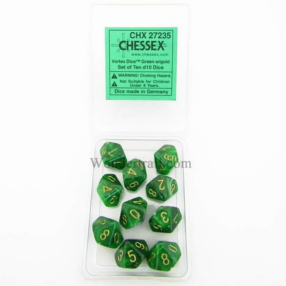 Green Vortex Dice with Gold Numbers D10 16mm (5/8in) Pack of 10 Dice Chessex