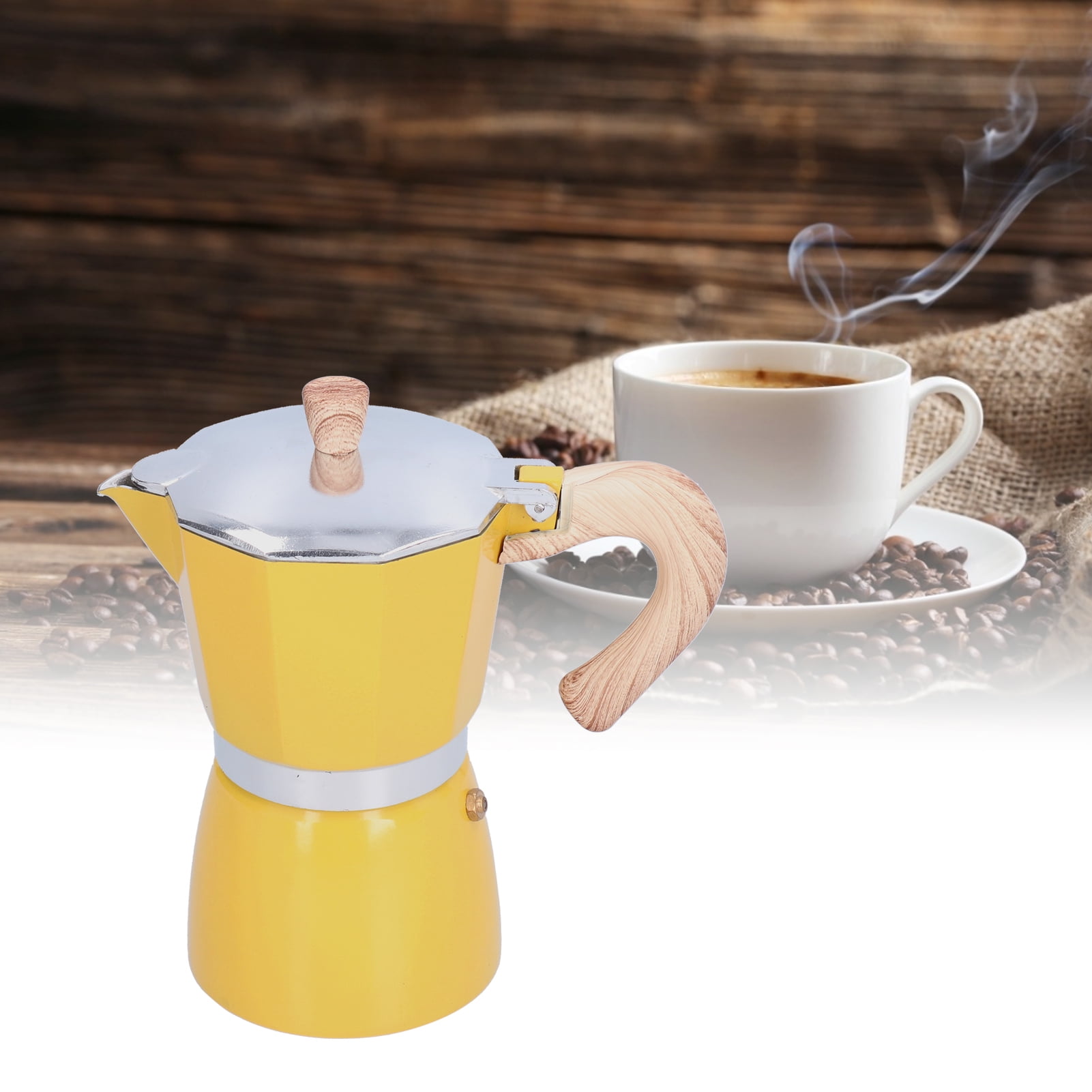 YAHHU 300ML 6-Cup Aluminum Stovetop Espresso Maker, Premium Classic Moka Pot Coffee Kettle for Gas and Camping Stoves, Authentic Italian Style Brewing, Yellow Color (10.14 oz / 300 ml)
