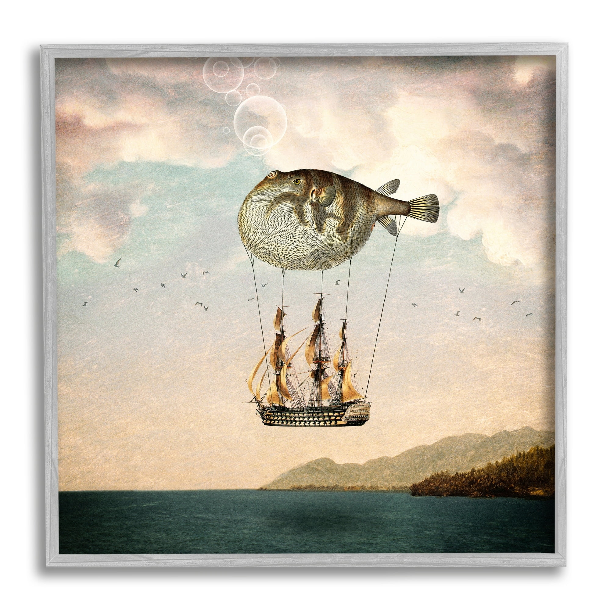 Stupell Industries Surreal Puffer Fish Hot Air Balloon Cloudy Lakeside Framed Wall Art, 12 x 12, Design by Paula Belle Flores