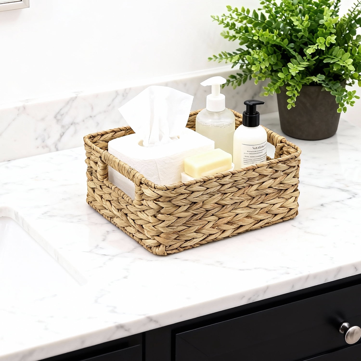 Garnen Set of 3 Wicker Basket Storage, Woven Basket with Handle, Decorative Wicker Baskets Rectangular for Desk Organizer Bathroom Tray, 11" 13" 14"