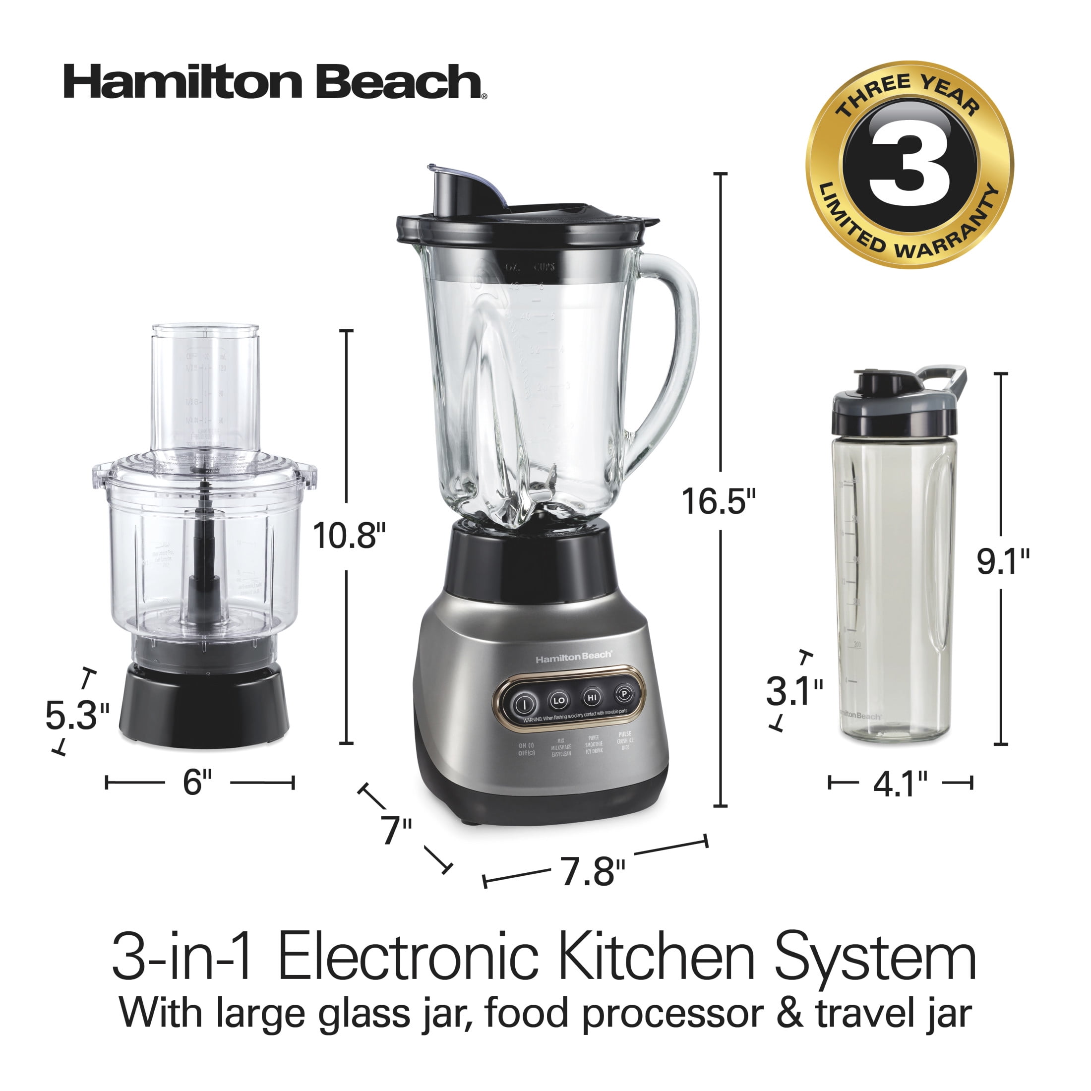 Hamilton Beach 3-in-1 Electronic Kitchen System, Smoothie Blender with 48 oz. Glass Jar, Food Processor Attachment and 20 oz. Travel Jar