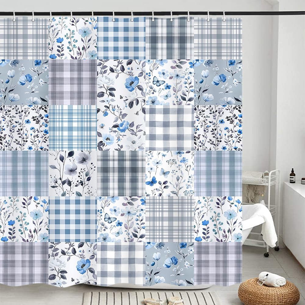 Cute Plaid Floral Shower Curtain, Boho Sage Green Flower Fabric Shower Curtains for Bathroom, Retro Pink Flower Checkered Patchwork Bath Curtain Set Washable Waterproof with 12Hooks 72X72IN
