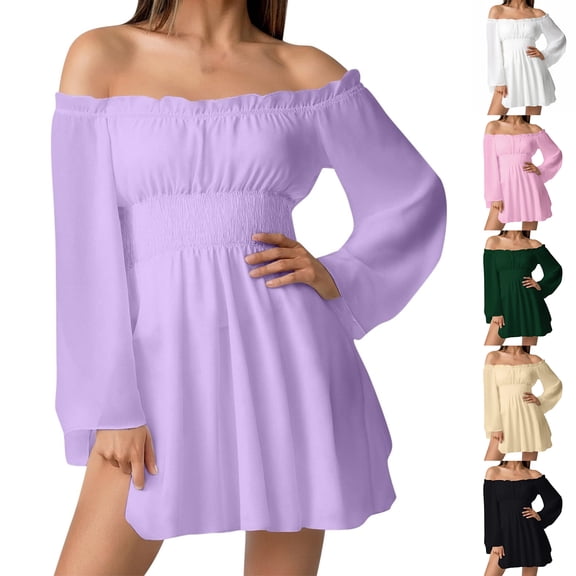 Laqbezok Women's Off Shoulder Ruffle Mini Dress, Long Lantern Sleeve Smocked Waist Sundress, Solid Color Casual A-Line Dress for Party Club