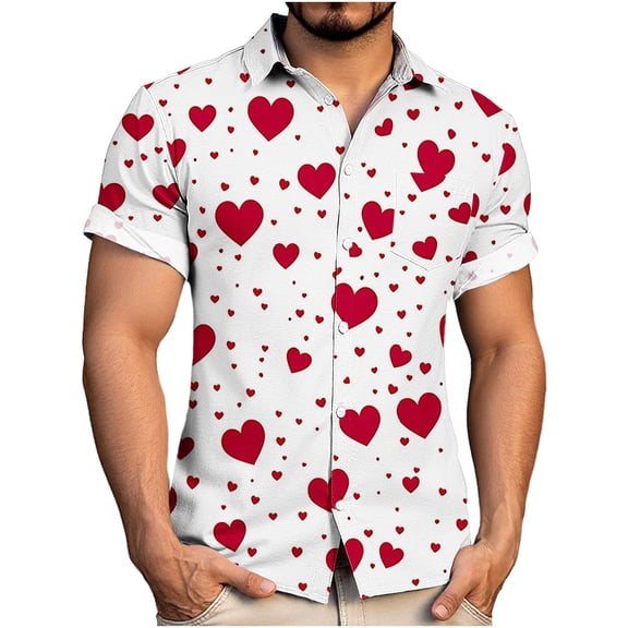 Stamzod Mens Button Down Short Sleeve Shirt Valentine's Day Lover Heart Print Summer Tops Casual Vacation Beach Shirts for Men Red XXL