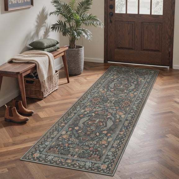 GENIMO 2' x 6' Runner Rug, Machine Washable Non Slip Low Pile Hallway Runner Rug for Kitchen Laundry Room, Garden Floral, Slate Blue