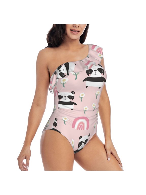 Picia Cute Cartoon Panda Pattern Women's One Piece Swimsuits,One Shoulder Swimwear Asymmetric ,Ruffle Monokinis Bathing Suits,High Waisted Flattering Bathing Suits-Small