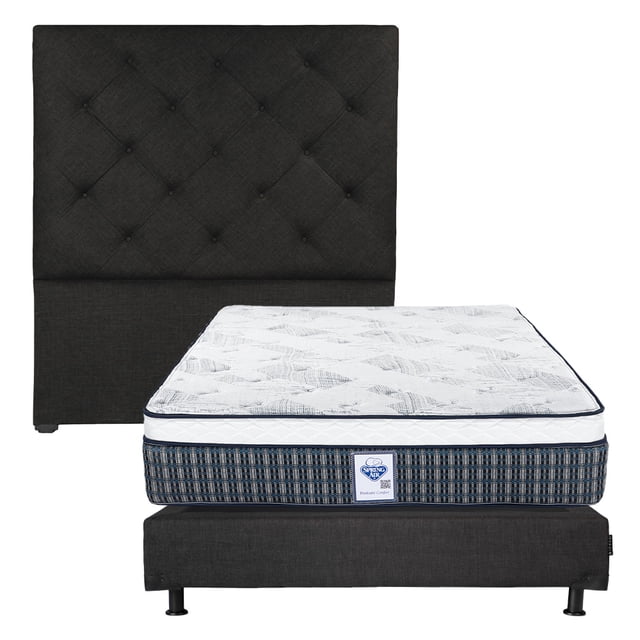 Colchón Queen Size Cardona + Box + Cabecera Ikki Negro