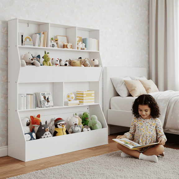TLSUNNY Kids Bookcase and Toy Storage Organizer, 4 Tier Wooden Cabinet with Open Design, for Playroom, Nursery, Classroom