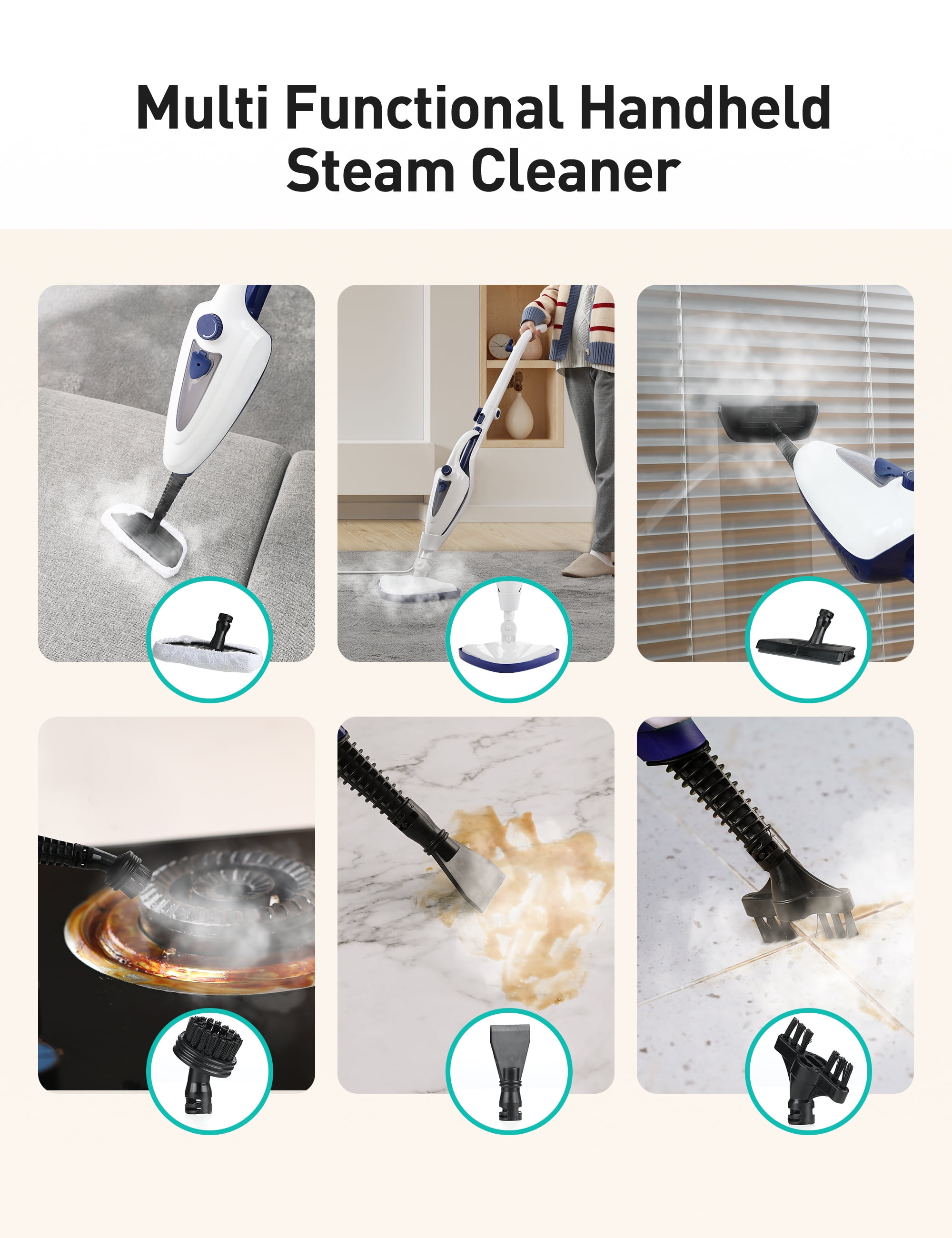 Steam Mop 12-in-1, 1500W Detachable Handheld Steam Cleaner, Fast 15s Heat-Up, 2 Dirt Grip Pads, Removes 99.99% Stubborn Stains for Hardwood Floors, Clothes, Windows, Tiles, Furniture, Blue