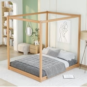 Harper & Bright Designs Wood Queen Size Canopy Platform Bed Frame with Support Legs, Natural