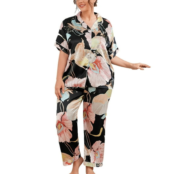 Xfvqtps Womens Pajamas Set Flower Print Plus Size Short Sleeved Flip Collar Button Solid Color Cozy Comfortable Soft House Silky Nightwear Top and Long Pants Set Black