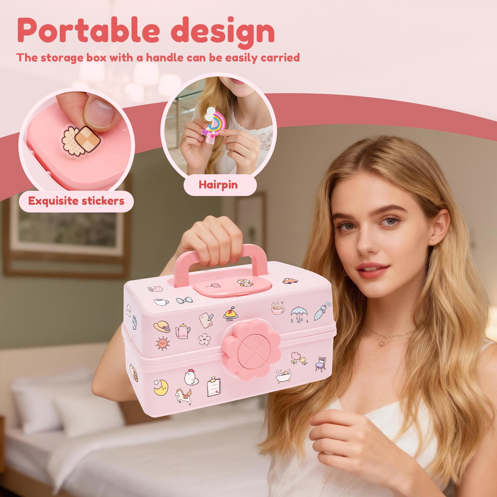 FKSZLL Hair Accessories Storage Box Plastic 3 Layer Pink Lockable Craft Storage Container Portable Cute Girl Hair Clip Holder Case with Handle for Toy Nail Tool Stationery