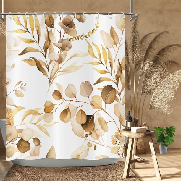 Cortina de ducha con hojas de eucalipto marrón, diseño de plantas botánicas de acuarela marrón, para baño, decoración del hogar, tela impermeable, lavable a máquina, con 12 ganchos, 183 cm de ancho x