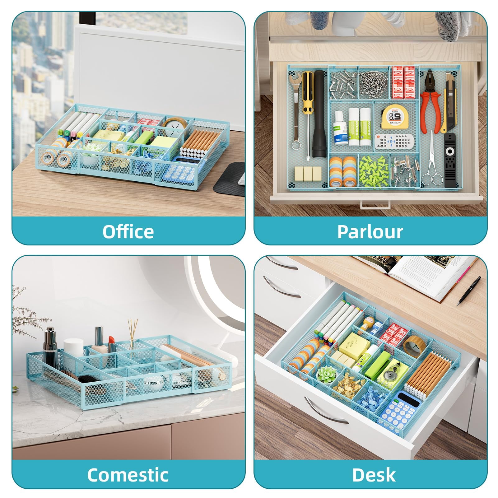 Expandable Desk Drawer Organizer  Mesh Tray With 10 Adjustable Compartments Organizers And Accessories For Office Supplies Makeup & Vanity (expandable-blue)