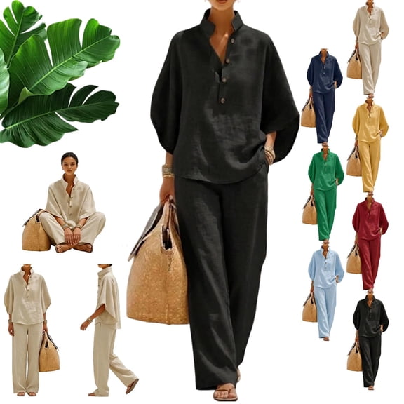 Women’s Batwing Sleeve Linen Cotton Two-Piece Set – Casual Shirt & Wide Leg Pants Outfit, Lounge Cotton 2 Piece