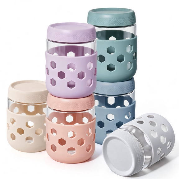 Vesteel 6 Pack Overnight Oats Containers, 16oz Mason Jars with Lids and Silicone Sleeves, Glass Food Storage Container Jars for Chia Pudding Yogurt Salad Pickles, Leak Proof, Dishwasher Safe