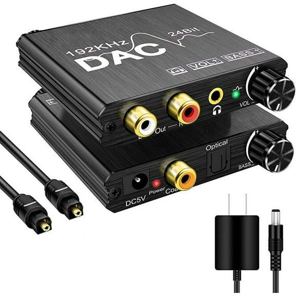 192KHz Digital to Analog Audio Converter with Bass and Volume Adjustment, Digital SPDIF/Optical/Toslink/Coaxial to Analog Stereo L/R RCA and 3.5mm Jack Converter, AppleTV Home Theater