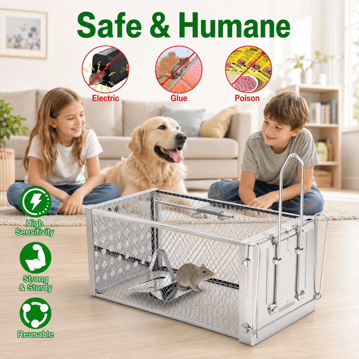 Galvanized Steel Humane Rat Trap Cage, Reusable, Single Door, Silver