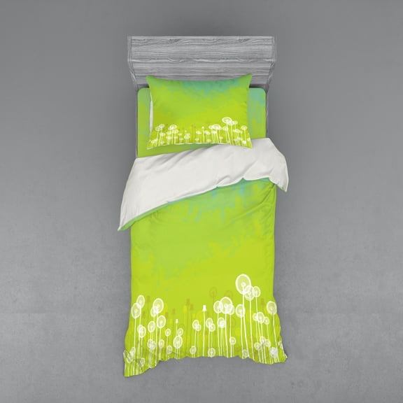 Ambesonne Flower Bedding Set 3 Pcs, Wild Dandelion Blossoms, Twin XL, Apple Green Seafoam