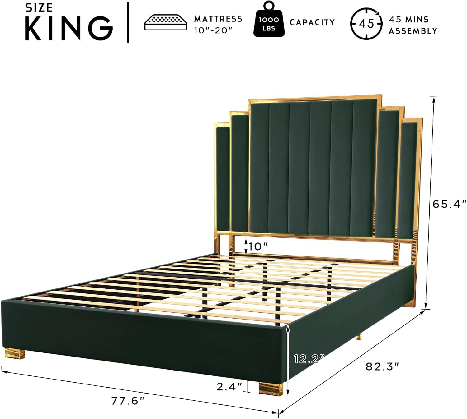 Merluxy King Size Bed Frame and 61" Headboard, Upholstered Bed with Golden Plating Trim, Modern Platform Bed No Box Spring Needed, Green