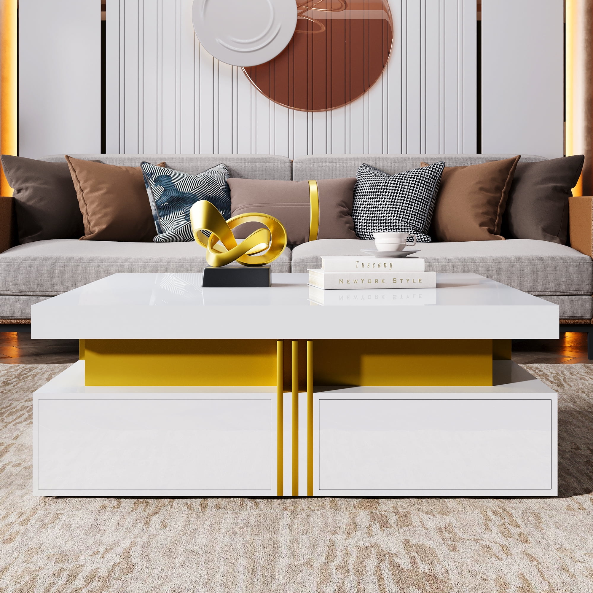 Euroco Modern Glossy Square Storage Coffee Table with 4 Drawers, 43.3", White