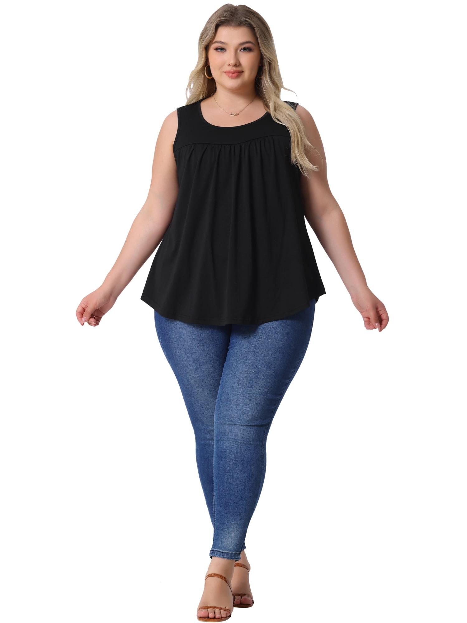 DARING DIVA Women's Plus Crew Neck Boho Pleated Curved Hem Tank Top Blouse 2X Black
