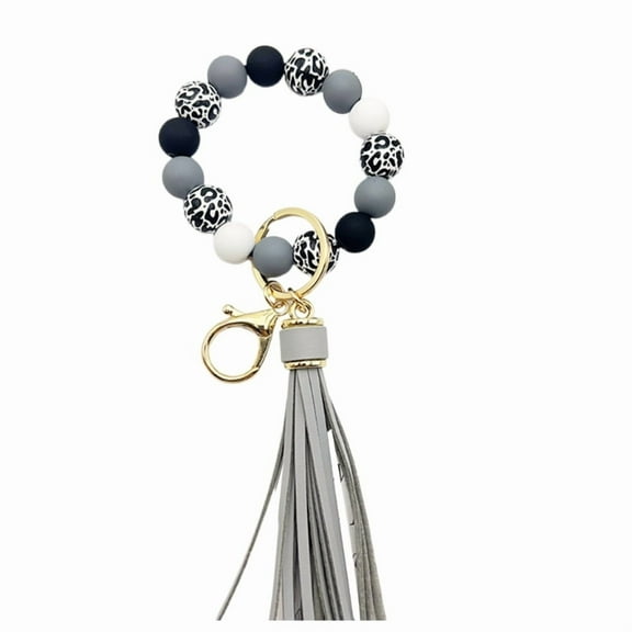 Cute Car Key Chain Holder Stylish Wood Bead Keyring Bracelet Wristlet with Cute PU Tassels Beaded Keychain for Women