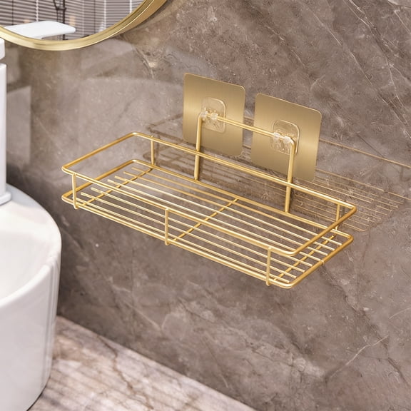 Wall-Mounted Gold Bathroom Shelf, No-Drill Sink Storage – Iron Toiletries Rack, 10/14 Inch – for Bathroom, Kitchen, Compact Spaces
