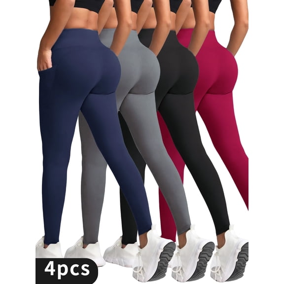 4-piece high-waisted solid women's yoga pants, comfortable and close-fitting, high elasticity for sports and leisure, suitable for large size
