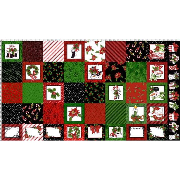 23" X 44" Panel Christmas Wreaths Bells Candles Holly Snowman Poinsettias Candy Canes Snow Lady Medley Multicolor Cotton Fabric Panel (692-401)
