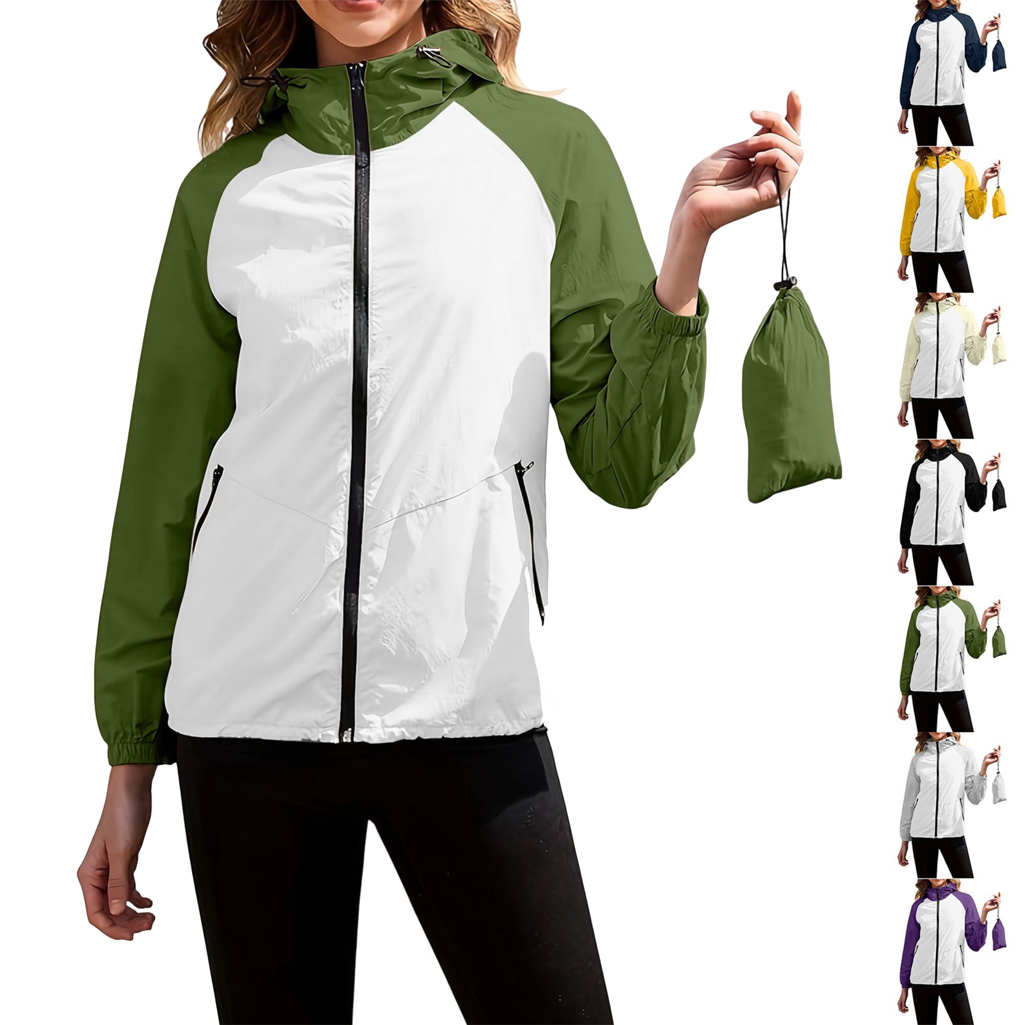 Waterproof Rain Jacket For Women Color-Block Long-Sleeve Hooded Zip-Up Jacket Water-Repellent Windproof Casual Windbreaker Rain Jackets Hooded with Pockets