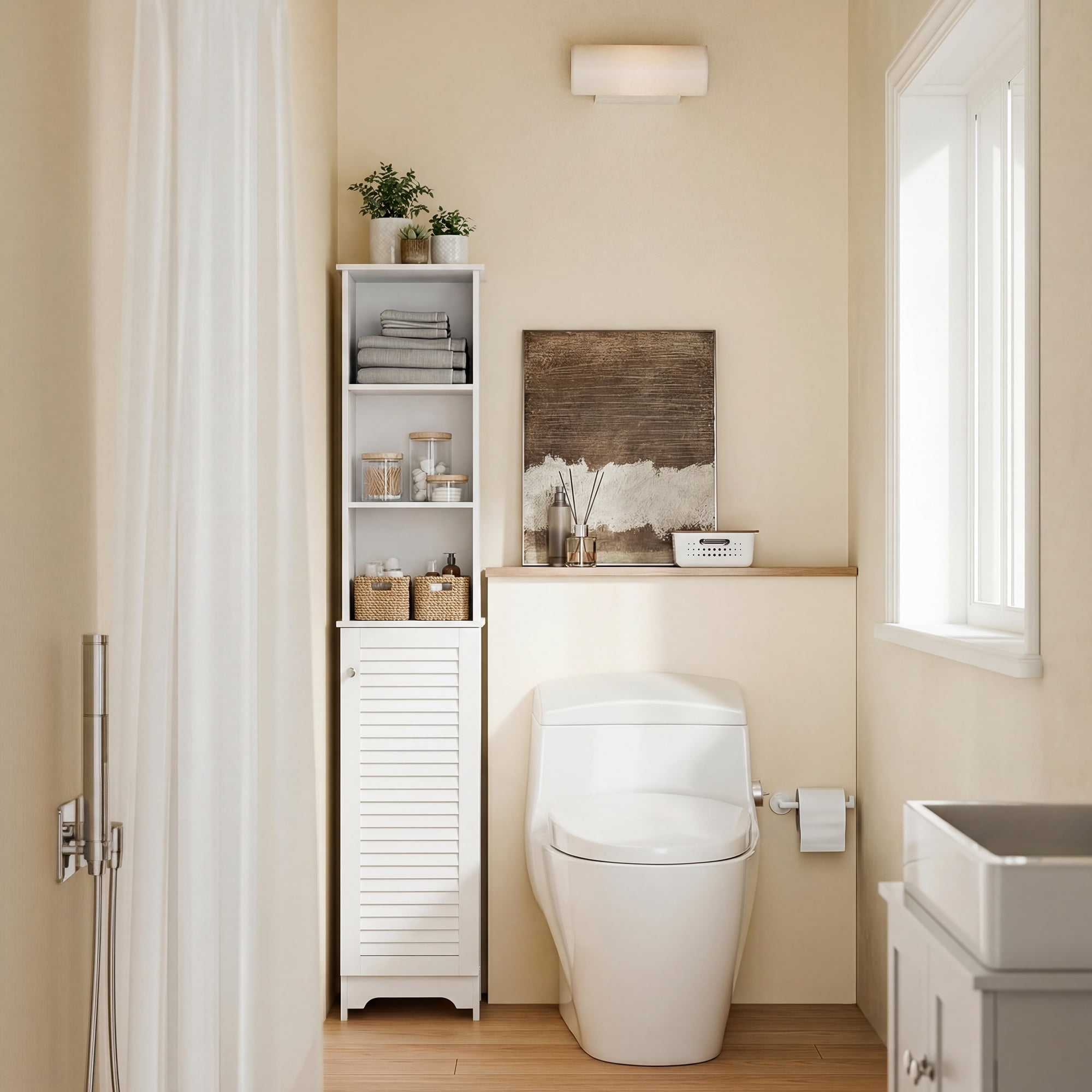 HOQBN Tall Bathroom Storage Cabinet, Freestanding Tower with 3-Tier Open Adjustable Shelf and Cupboard, White