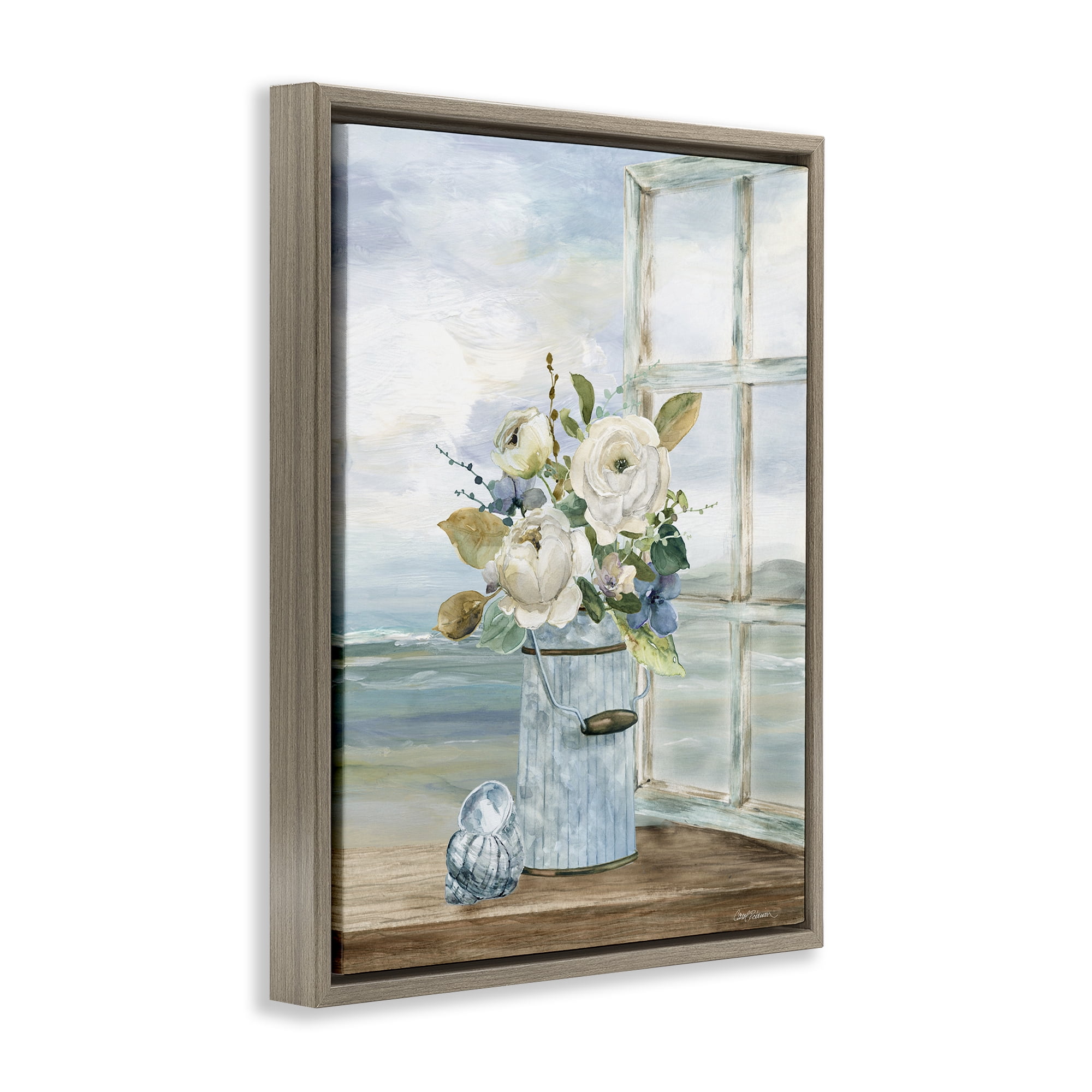 Stupell Industries Seaside Florals on Windowsill Brown Framed Floater Canvas Wall Art, design by Carol Robinson