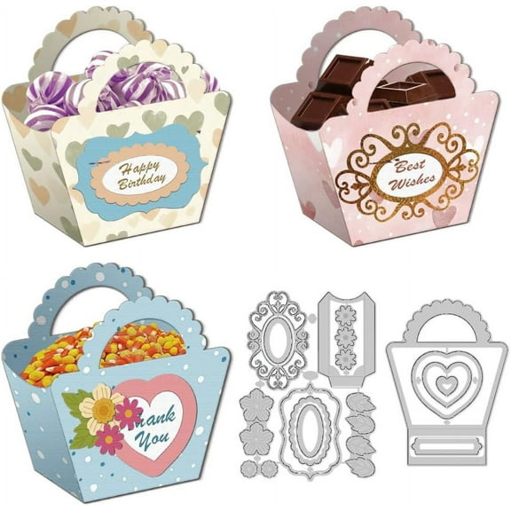 3D Candy Box Frame Cutting Dies Handbag Carbon Steel Die Cuts Bag Stencils Heart Flower Embossing Scrapbooking Box Frame Template for Paper Card Making Birthday Gift Album Craft Decor