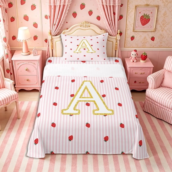 Meiyoeat Cute Gold Letter A Twin Sheets 3pcs for Girls, Strawberry Stripe Print Bedding, Pink Red