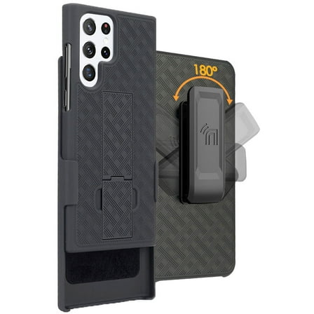 Case with Clip for Samsung Galaxy S22 Ultra 5G, Nakedcellphone Slim Hard Shell Phone Cover with Kickstand and [Rotating/Ratchet] Belt Hip Holster Combination - Black Tread